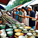 A bustling flea market in Kuala Lumpur, Malaysia, filled with vendors selling vintage clothing, accessories, and housewares. Focus on the details of the items, like the intricate stitching on a *baju kebaya* or the aged patina on porcelain dishes. Emphasize the "treasure hunt" aspect, capturing the excitement of discovering unique and hidden gems.