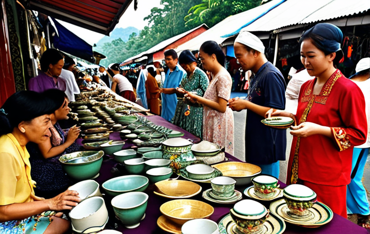 A bustling flea market in Kuala Lumpur, Malaysia, filled with vendors selling vintage clothing, accessories, and housewares. Focus on the details of the items, like the intricate stitching on a *baju kebaya* or the aged patina on porcelain dishes. Emphasize the "treasure hunt" aspect, capturing the excitement of discovering unique and hidden gems.