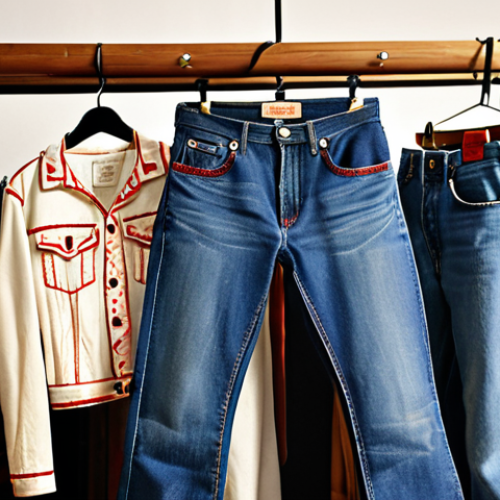 Home 6 **
A curated vintage jeans shop interior. Focus on Levi's, Wrangler, and Lee jeans displayed on racks. Emphasis on faded denim, unique cuts (high-waisted, bell-bottom, carpenter), and customized details like patches and embroidery.
**