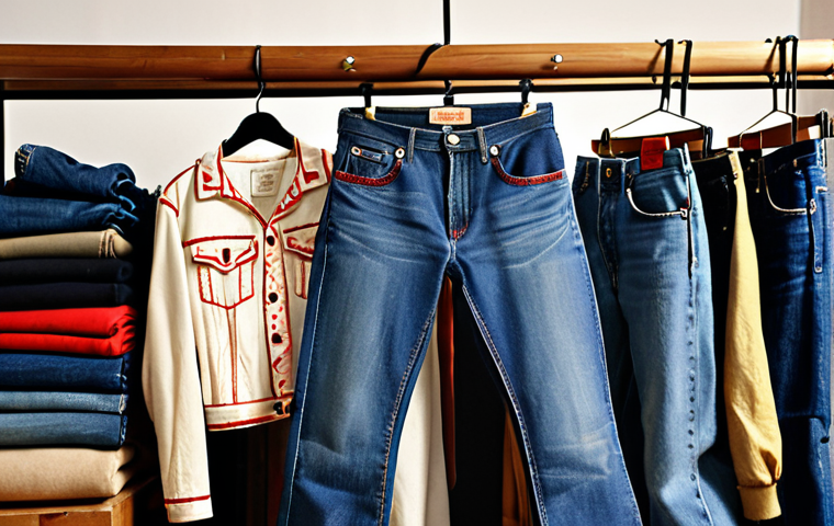 **

A curated vintage jeans shop interior. Focus on Levi's, Wrangler, and Lee jeans displayed on racks. Emphasis on faded denim, unique cuts (high-waisted, bell-bottom, carpenter), and customized details like patches and embroidery.

**