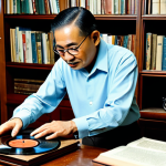 A professional Malaysian vintage collector, fully clothed in a modest long-sleeved shirt and trousers, meticulously examining an antique P. Ramlee vinyl record in a well-lit home study. The room is thoughtfully arranged with shelves displaying a curated collection of old books, a vintage film camera, and a small, century-old wooden coffee table. The atmosphere is quiet and reflective, emphasizing the historical narrative of the items. The subject has perfect anatomy, correct proportions, and a natural pose, with well-formed hands and proper finger count gently holding the record. Professional photography, high quality, safe for work, appropriate content, fully clothed, modest.