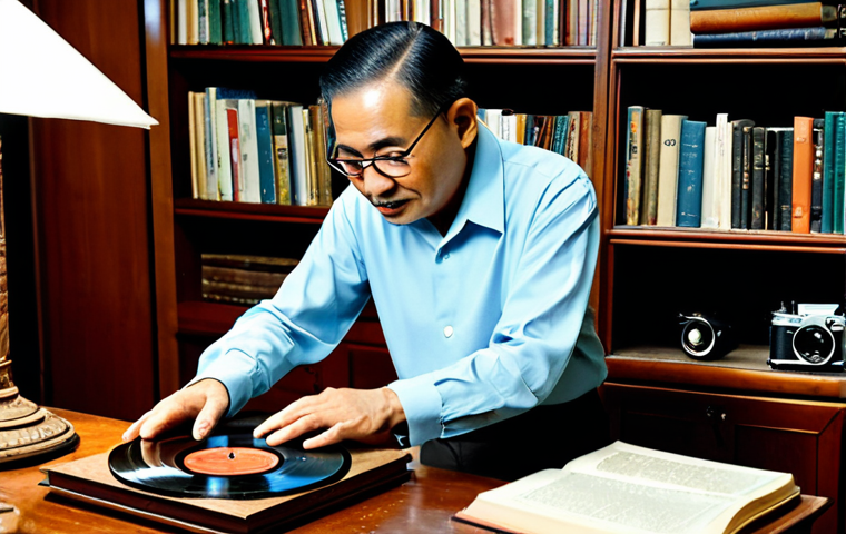A professional Malaysian vintage collector, fully clothed in a modest long-sleeved shirt and trousers, meticulously examining an antique P. Ramlee vinyl record in a well-lit home study. The room is thoughtfully arranged with shelves displaying a curated collection of old books, a vintage film camera, and a small, century-old wooden coffee table. The atmosphere is quiet and reflective, emphasizing the historical narrative of the items. The subject has perfect anatomy, correct proportions, and a natural pose, with well-formed hands and proper finger count gently holding the record. Professional photography, high quality, safe for work, appropriate content, fully clothed, modest.