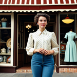 **

A professional woman standing in front of a vintage clothing store. She is wearing a modest vintage blouse and high-waisted jeans, fully clothed, appropriate attire, safe for work. The background shows a colorful storefront with vintage dresses and accessories displayed. Perfect anatomy, natural proportions, professional photography, high quality, family-friendly.

**