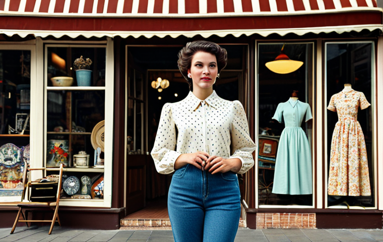 **

A professional woman standing in front of a vintage clothing store. She is wearing a modest vintage blouse and high-waisted jeans, fully clothed, appropriate attire, safe for work. The background shows a colorful storefront with vintage dresses and accessories displayed. Perfect anatomy, natural proportions, professional photography, high quality, family-friendly.

**